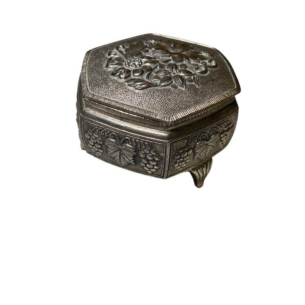 Vintage Japan Silver Tone Footed Trinket Jewelry Box Red Velvet Lined Floral